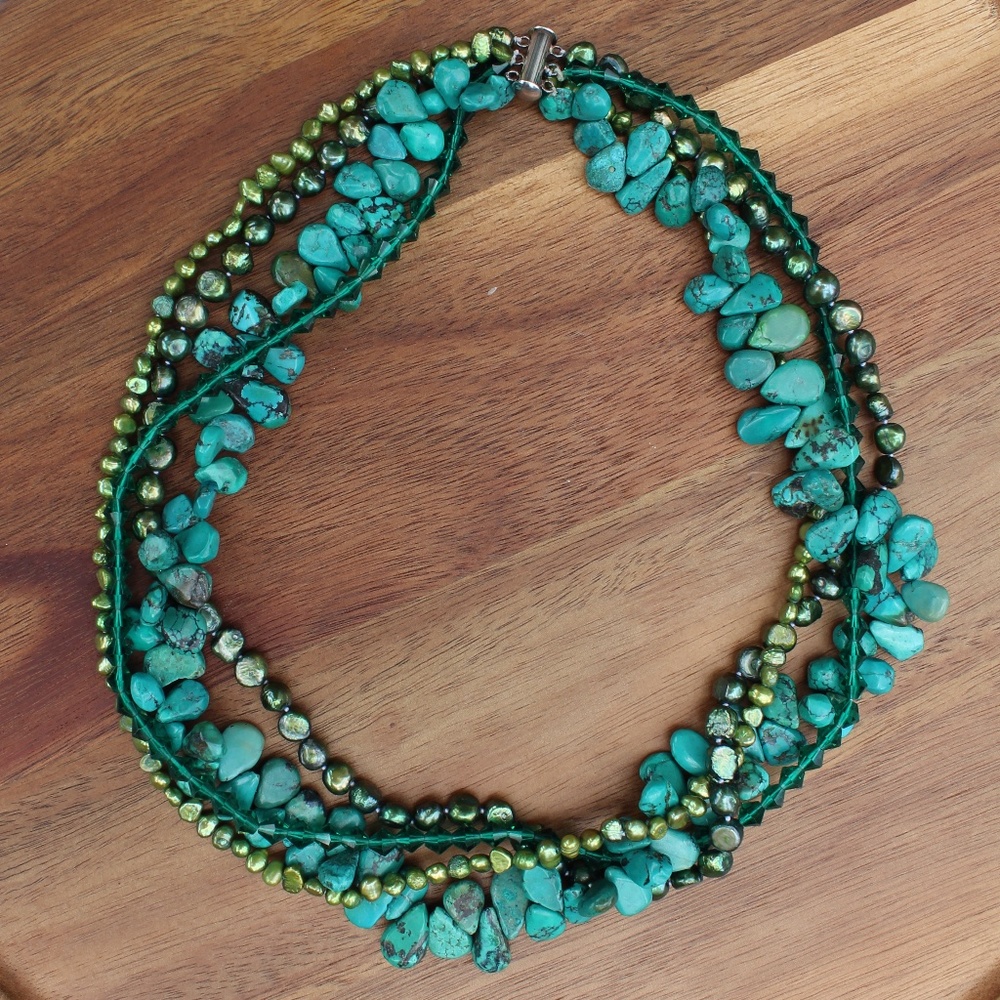 4 Strand Turquoise Pearl & Crystal Necklace